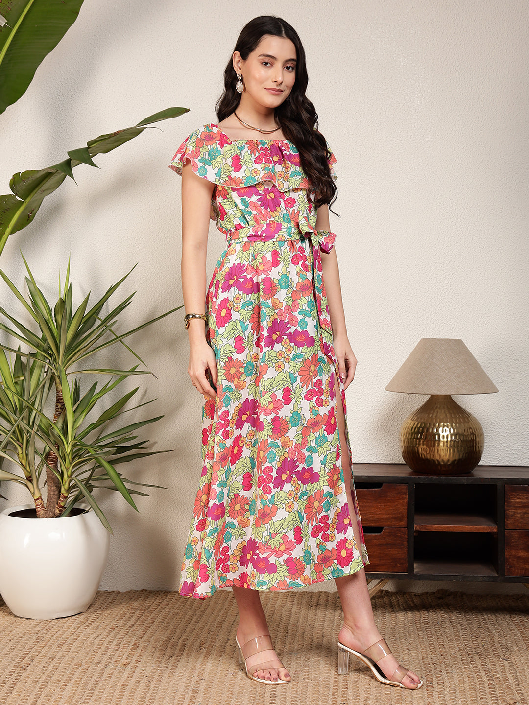 Modsik Women's Floral Print Midi Dress with Flutter Sleeves