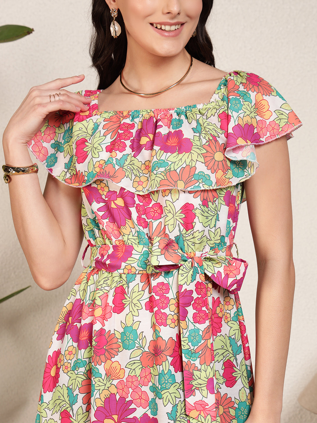 Modsik Women's Floral Print Midi Dress with Flutter Sleeves