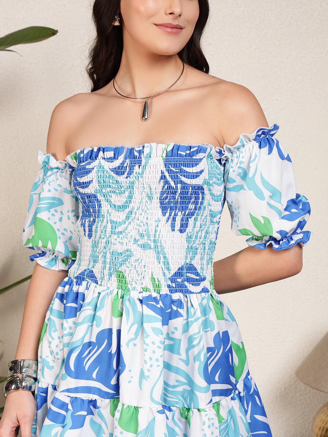 Modsik Women's Blue Floral Off-Shoulder Mini Dress