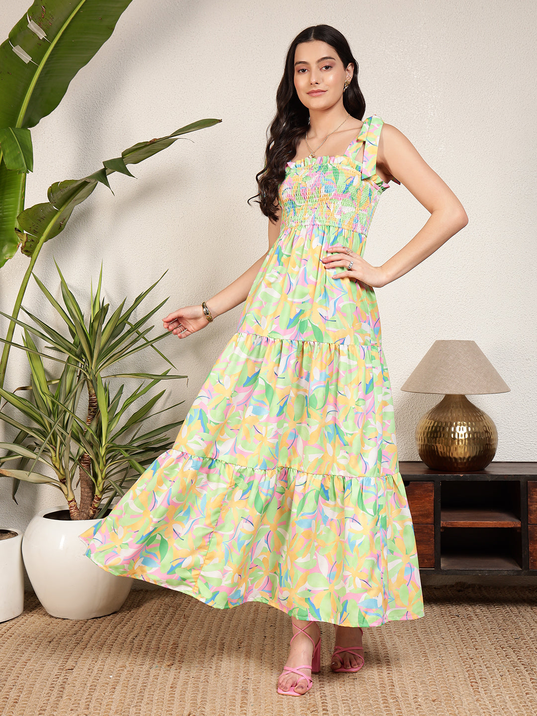 Modsik Women's Green Floral A-line Maxi Dress