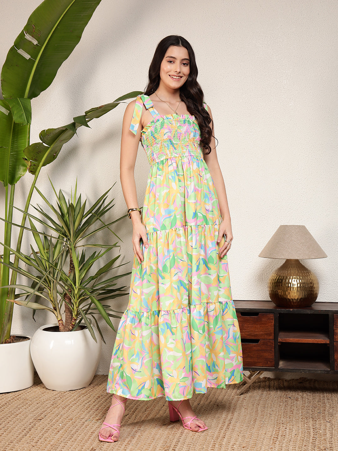 Modsik Women's Green Floral A-line Maxi Dress