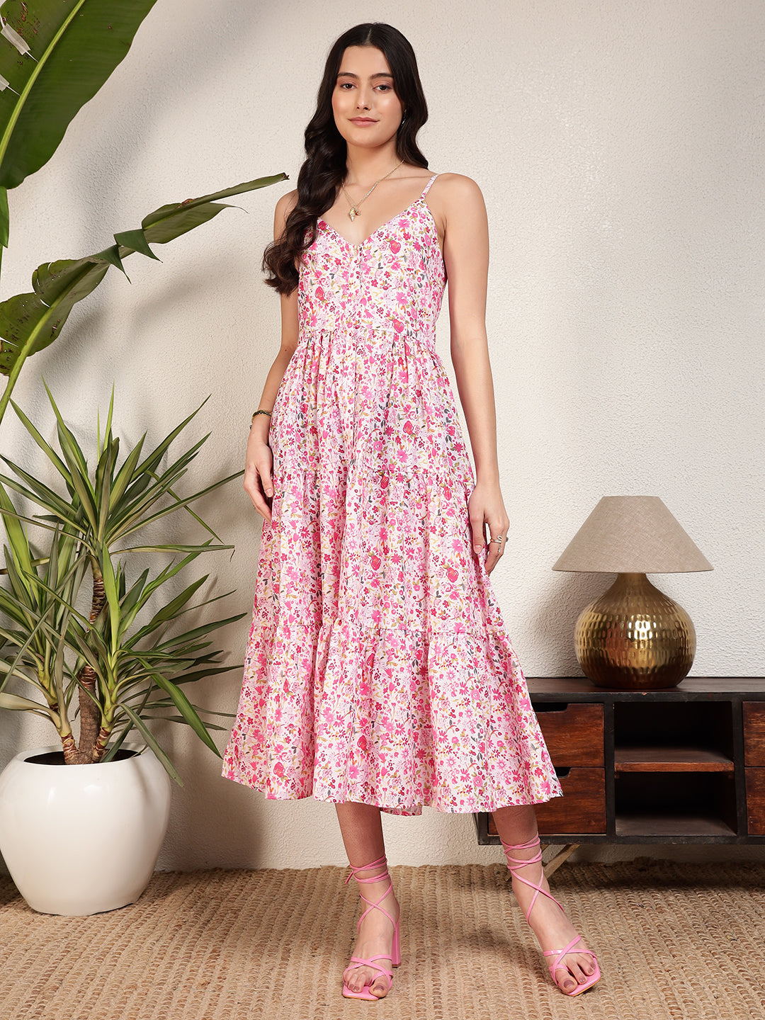 Modsik Pink Floral Flared Midi Dress