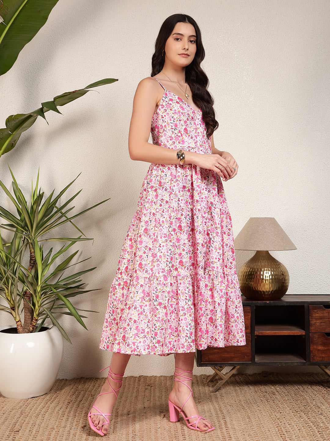 Modsik Pink Floral Flared Midi Dress