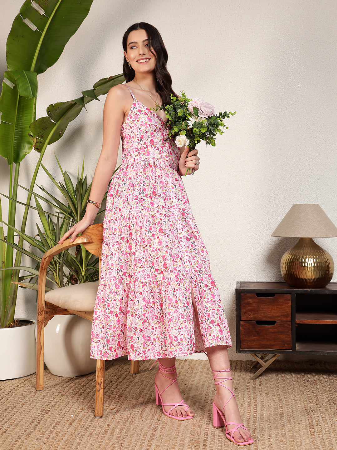 Modsik Pink Floral Flared Midi Dress