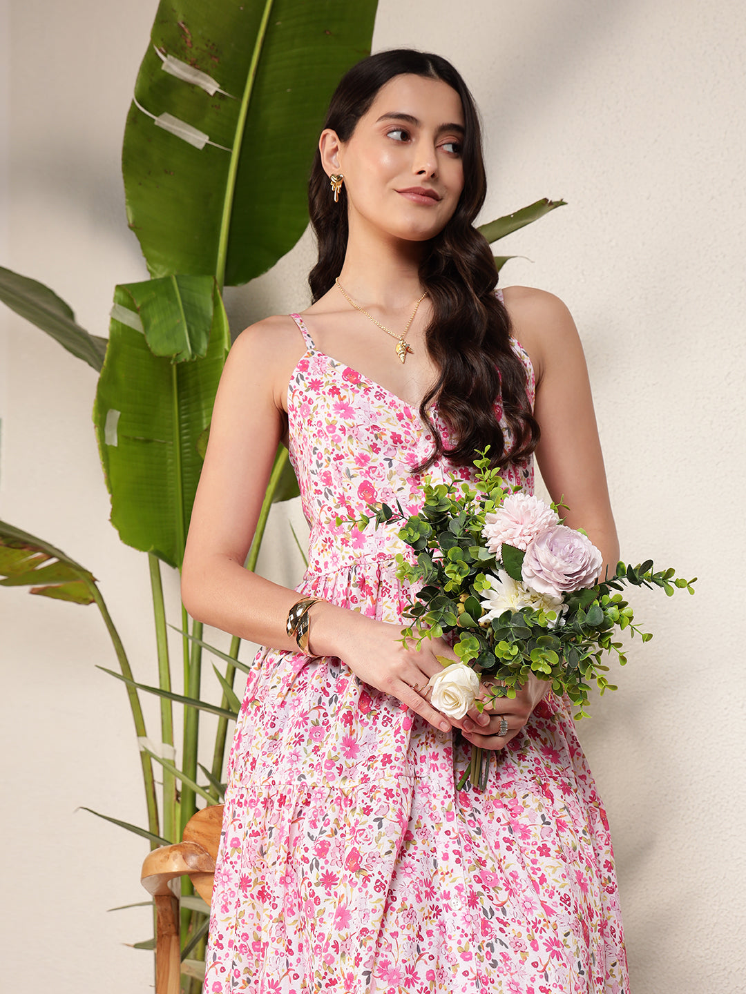 Modsik Pink Floral Flared Midi Dress