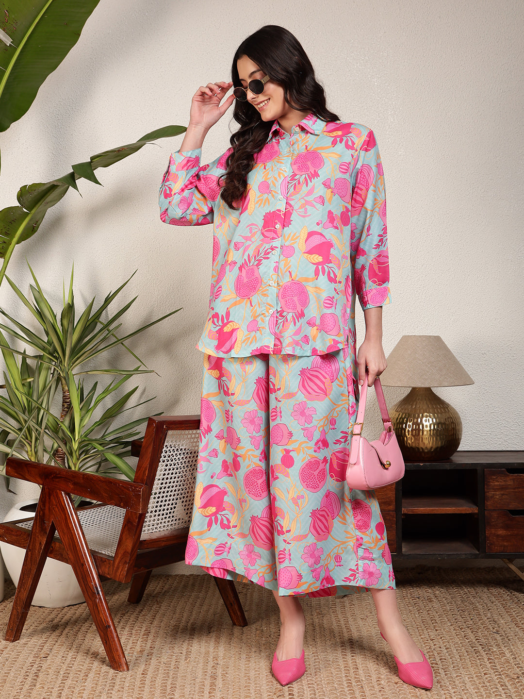 Modsik Women's Relaxed Fit Floral Print Shirt and Pant Co-ord Set