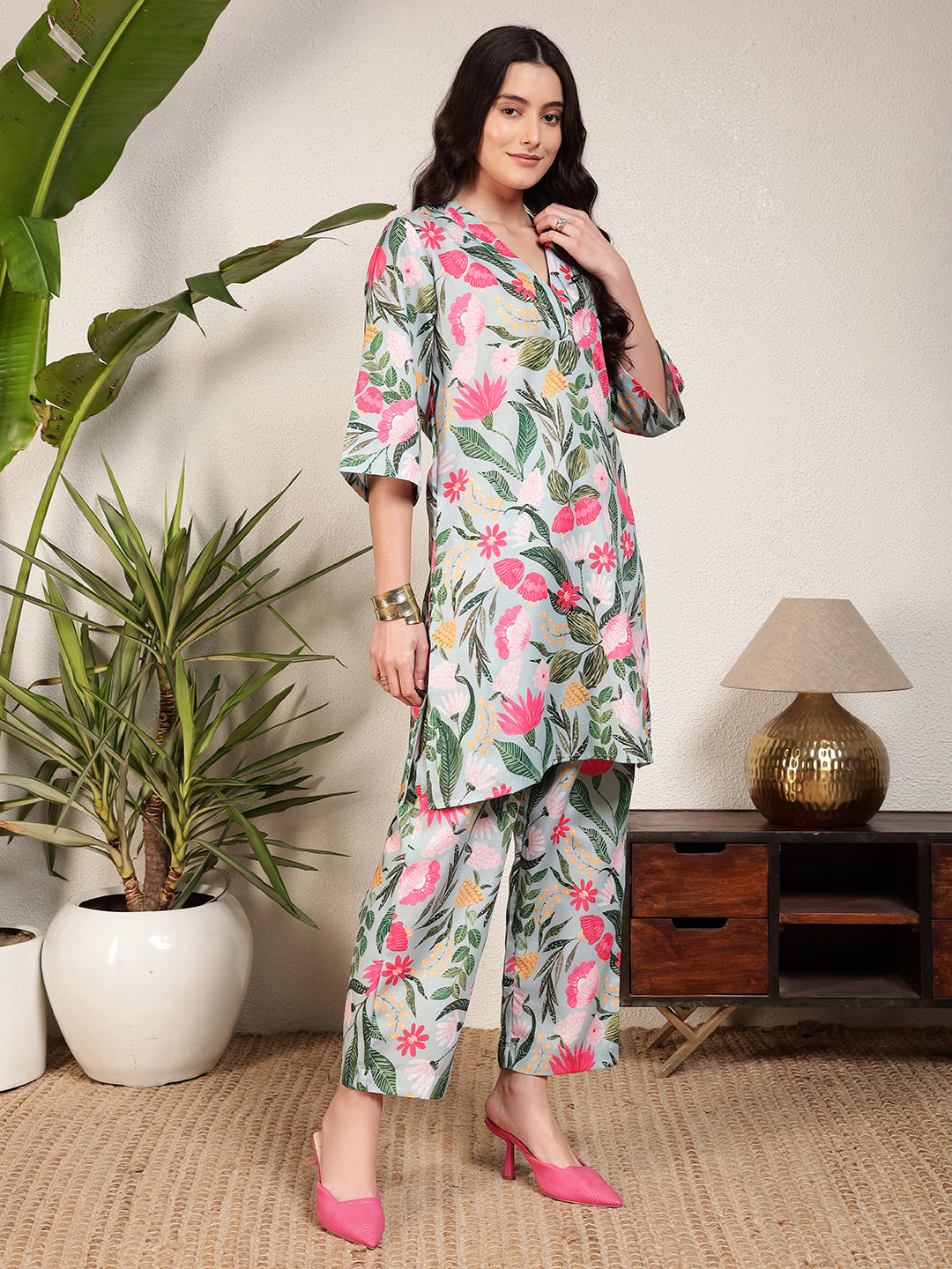 Modsik Women's Relaxed Fit Floral Tunic and Pant Co-ord Set