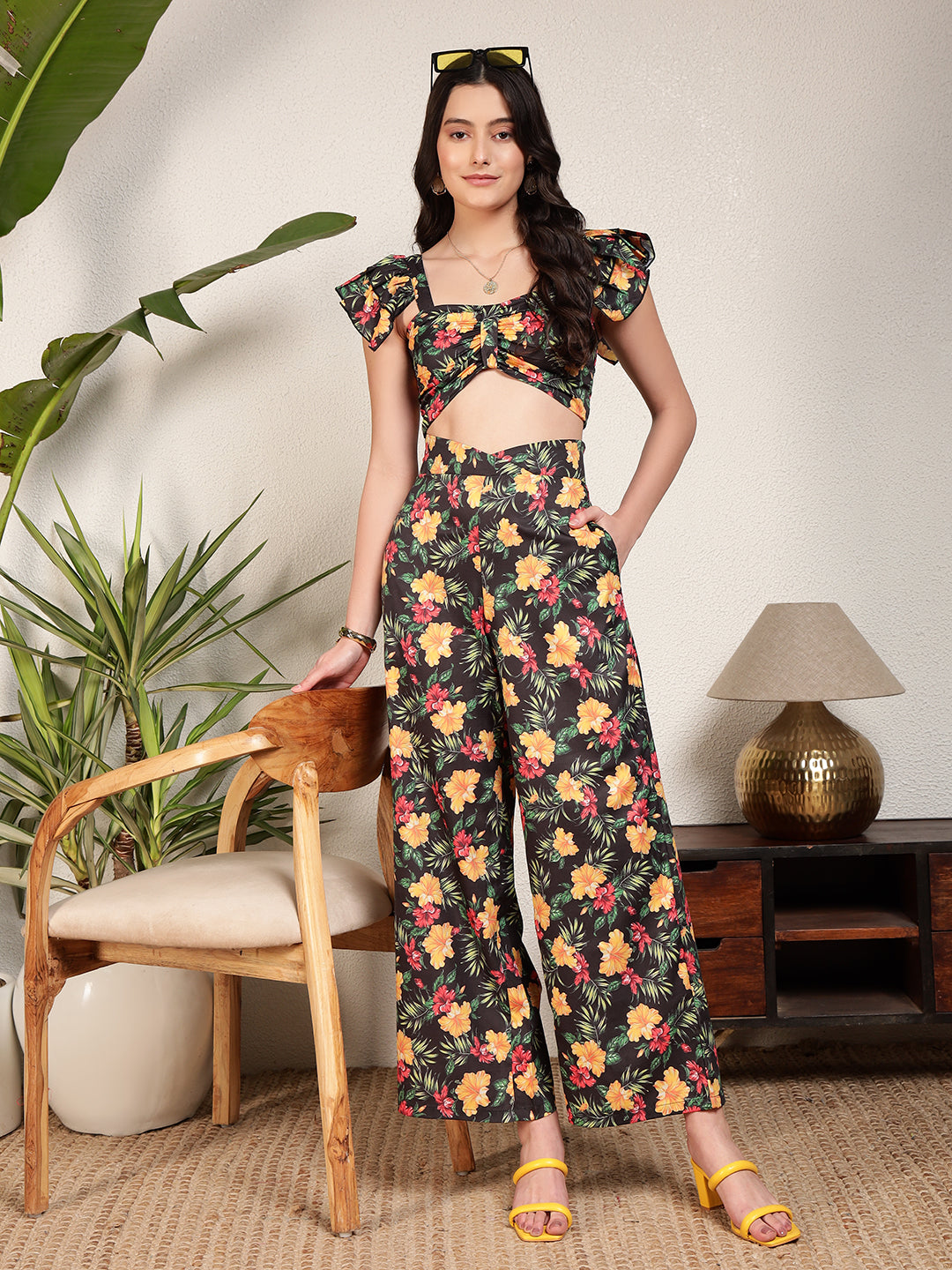 Modsik Women's Floral Crop Top and Palazzo Pant Co-ord Set