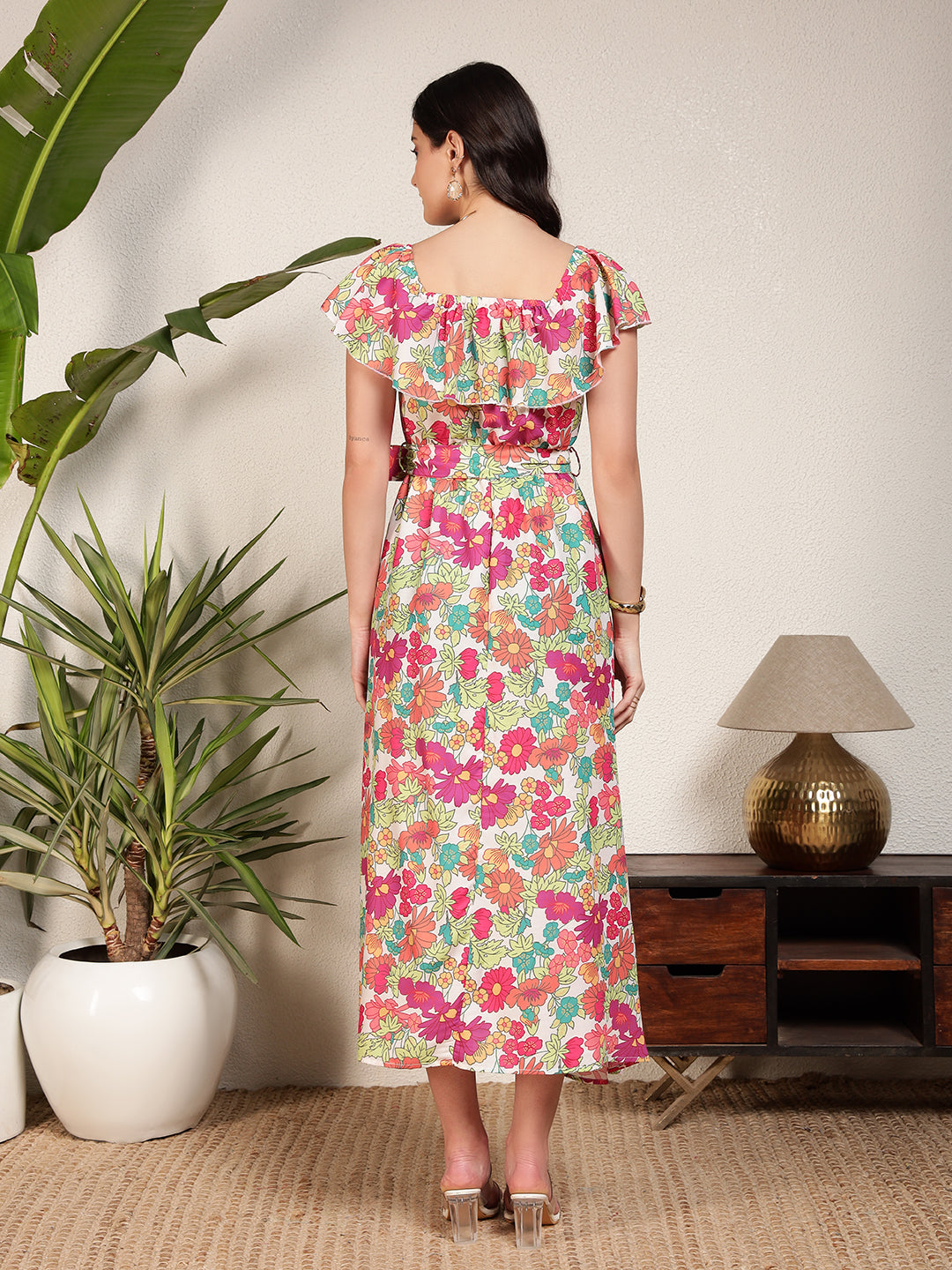 Modsik Women's Floral Print Midi Dress with Flutter Sleeves