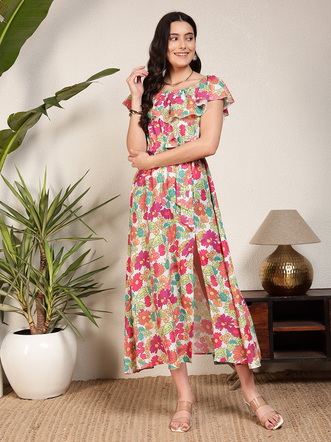 Modsik Women's Floral Print Midi Dress with Flutter Sleeves